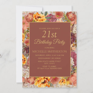 Burnt Orange Cream Rust Floral 21st Birthday Invitation