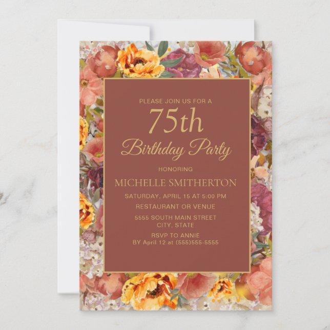 Burnt Orange Cream Rust Floral 75th Birthday Invitation (Front)