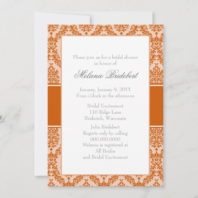 Burnt Orange Damask Bridal Shower Invitation (Front)