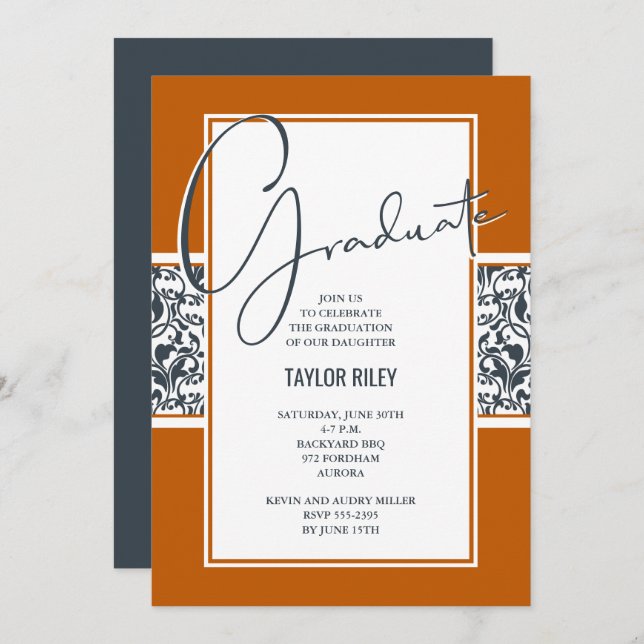 Burnt Orange Dark Grey Damask Graduation Invitation (Front/Back)