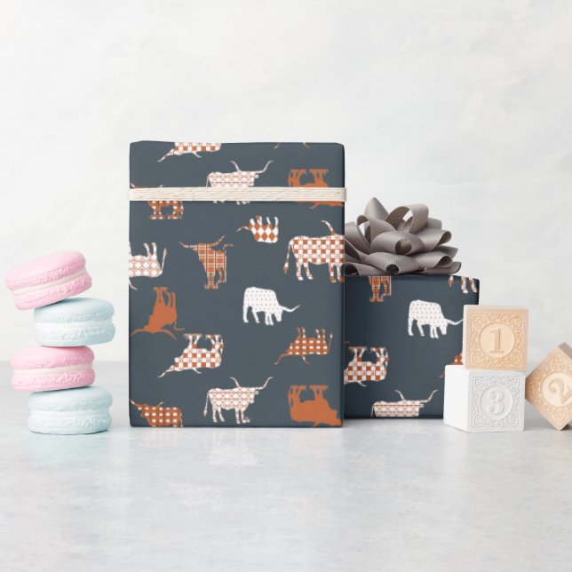 Burnt Orange & Dark Grey Patterned Longhorns Wrapping Paper (Baby Shower)