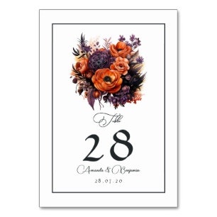 Burnt Orange, Dark Purple & Black Floral Wedding Table Number