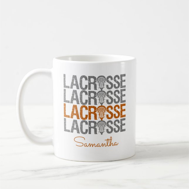 Burnt Orange Distressed Lacrosse Word Coffee Mug (Left)