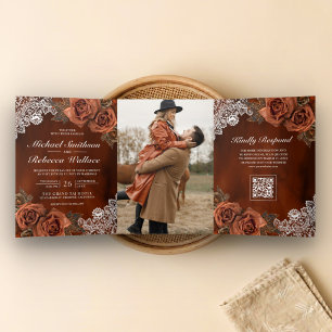 Burnt Orange Dusty Terracotta Rose QR Code Wedding Tri-Fold Invitation