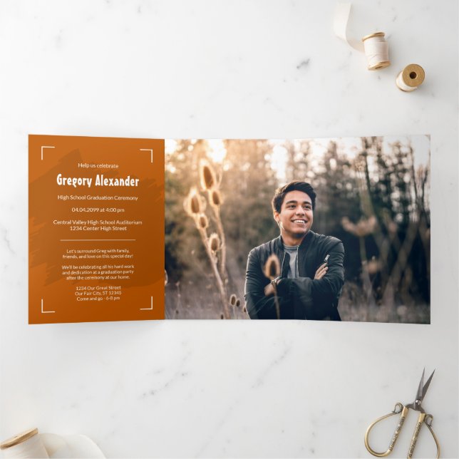 Burnt Orange Edgy Abstract Brushstroke Photo Grad Tri-Fold Invitation (Inside)