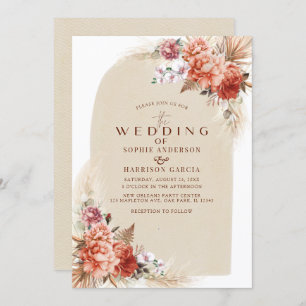 Burnt Orange Elegant And Pampas Grass Wedding Invitation
