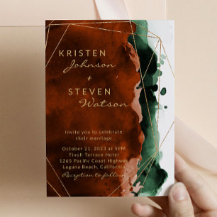  Burnt Orange & Emerald Green Wedding Invitation