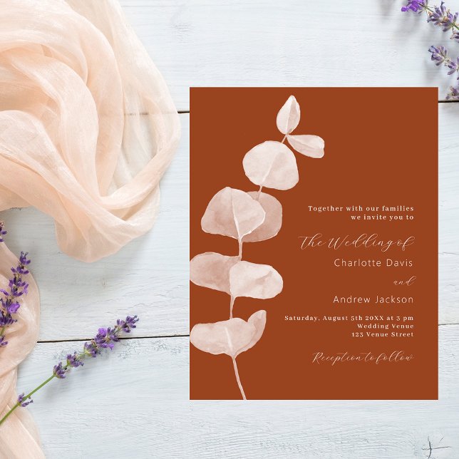 Burnt orange eucalyptus budget wedding invitation (Creator Uploaded)