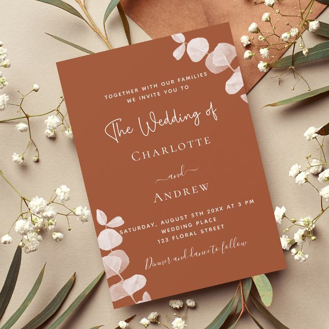 Burnt orange eucalyptus elegant wedding invitation postcard (Creator Uploaded)