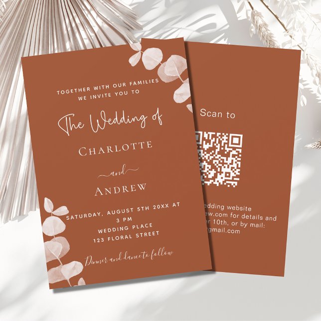 Burnt orange eucalyptus QR code details wedding Invitation (Creator Uploaded)