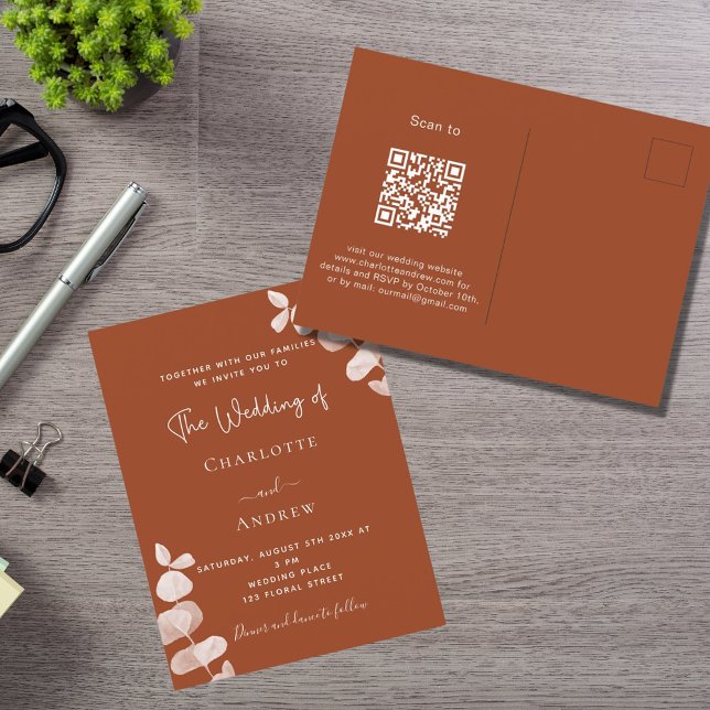 Burnt orange eucalyptus QR code details wedding Invitation Postcard (Creator Uploaded)
