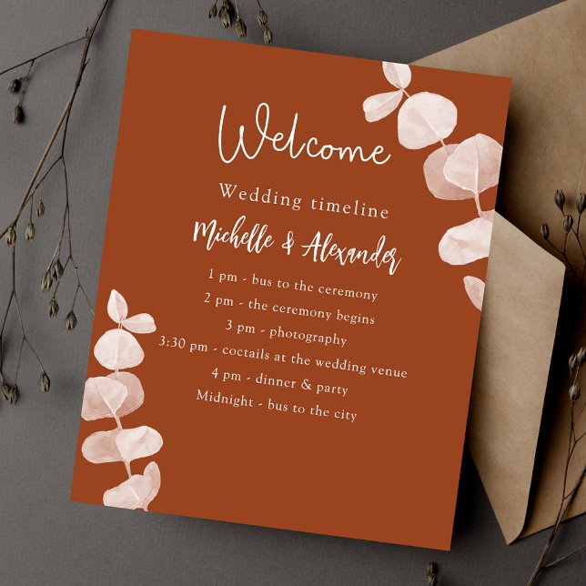 Burnt orange eucalyptus wedding program timeline (Creator Uploaded)