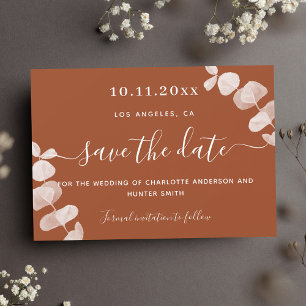 Burnt orange eucalyptus wedding save the date