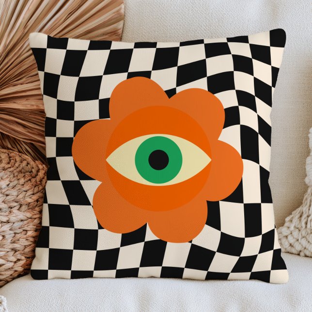 Burnt Orange Evil Eye Daisy on Chequered Pattern Cushion (Creator Uploaded)