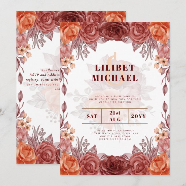 Burnt Orange FALL Floral Botanical WEDDING (Front/Back)