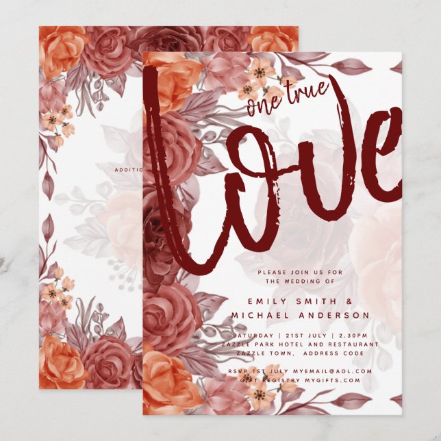Burnt Orange FALL Floral Botanical WEDDING Invitation (Front/Back)