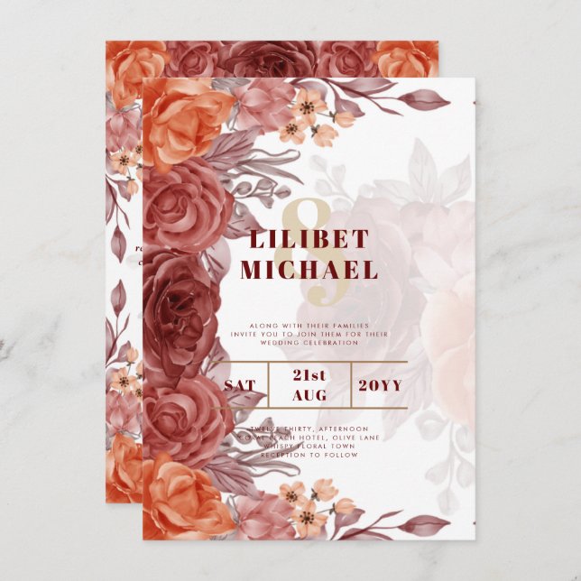 Burnt Orange FALL Floral Botanical WEDDING Invitation (Front/Back)