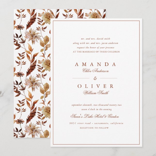 Burnt Orange Fall Floral Elegant Classic Wedding Invitation (Front/Back)