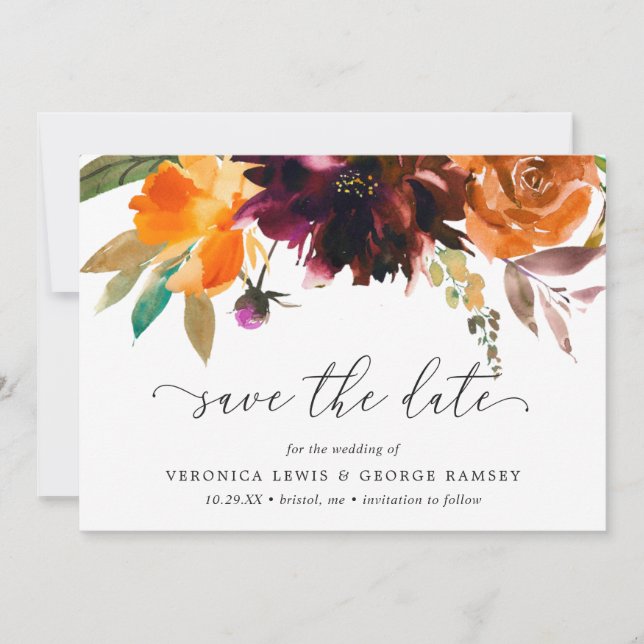 Burnt Orange Fall Floral Rustic Elegant Wedding Save The Date (Front)