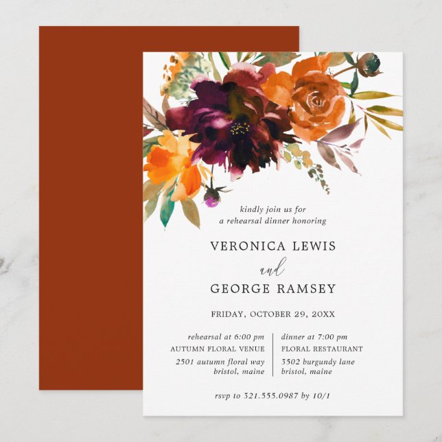 Burnt Orange Fall Floral Rustic Rehearsal Dinner Invitation (Front/Back)