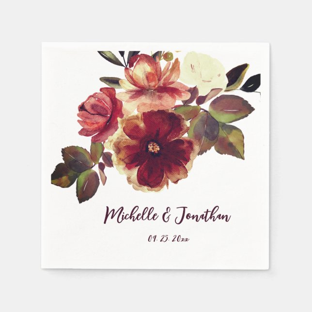 Burnt Orange Fall Floral Watercolor Wedding  Napkin (Front)