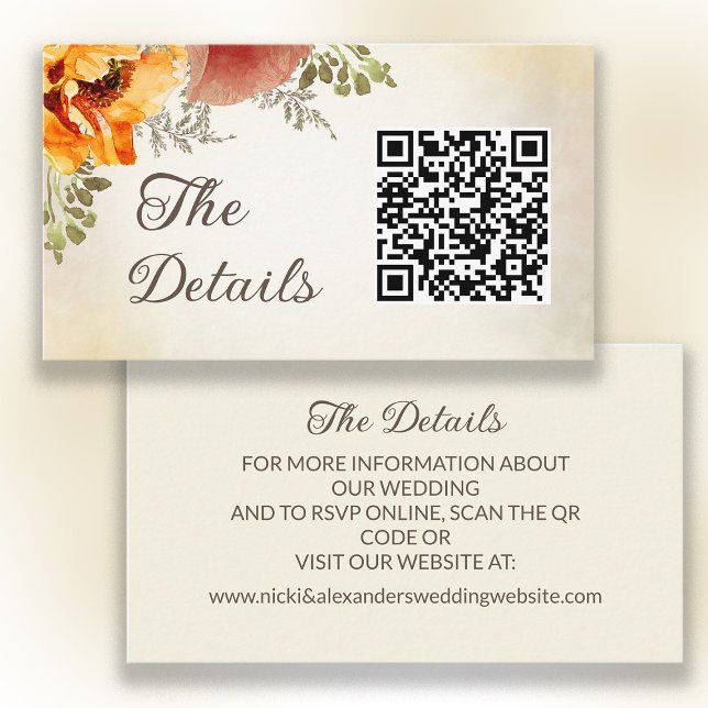 Burnt Orange Fall Floral Wedding Details QR Code Enclosure Card (QR Code wedding details card where your guests can RSVP or get more information about your wedding.)