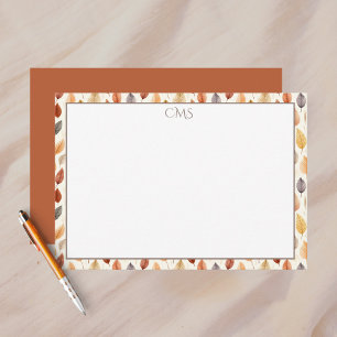 Burnt Orange Fall Leaves Watercolor Monogrammed Card