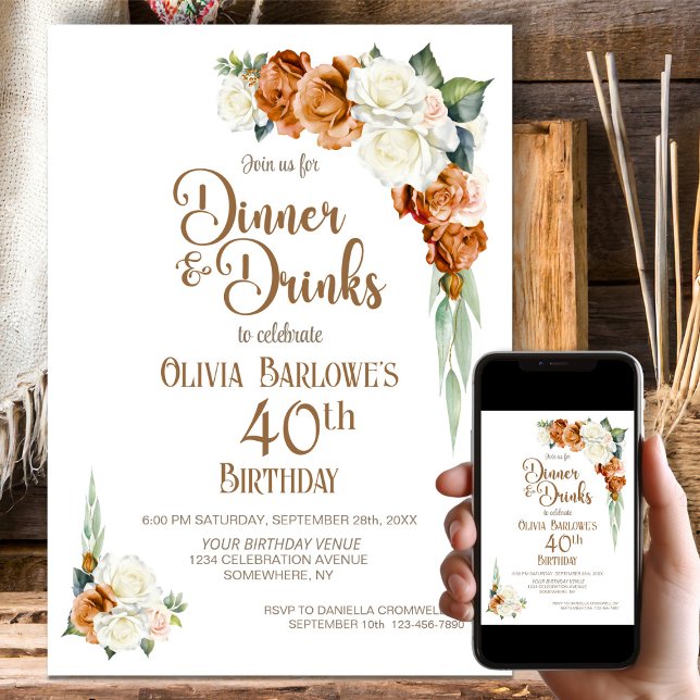 Burnt Orange Floral 40th Birthday Dinner Party Invitation (Creator Uploaded)