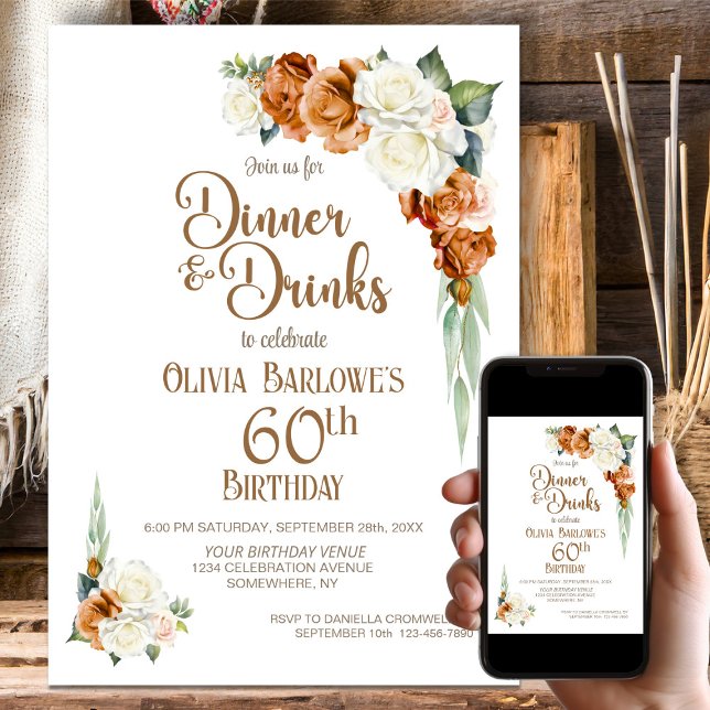 Burnt Orange Floral 60th Birthday Dinner Party Invitation (Creator Uploaded)