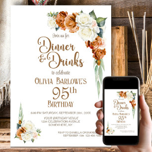 Burnt Orange Floral 95th Birthday Dinner Party Invitation