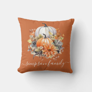 Burnt Orange Floral and Pumpkins Personalised Cushion