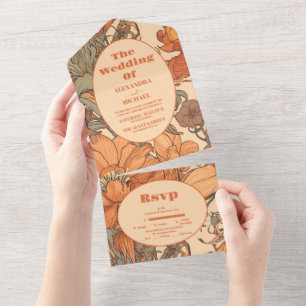 Burnt Orange Floral Art Nouveau Wedding All In One Invitation