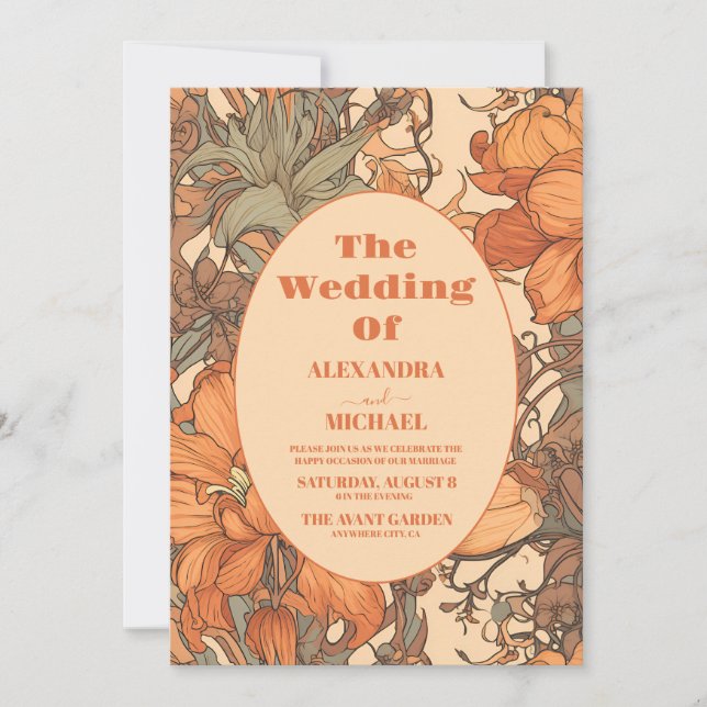 Burnt Orange Floral Art Nouveau Wedding Invitation (Front)