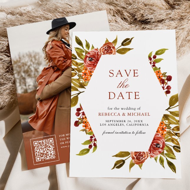 Burnt Orange Floral Autumn Fall Wedding Save The Date (Creator Uploaded)