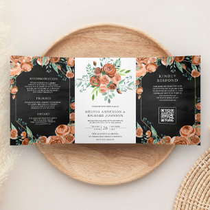 Burnt Orange Floral Black QR Code Wedding Tri-Fold Invitation