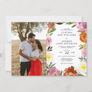 Burnt Orange Floral Blossom Custom Photo Wedding Invitation