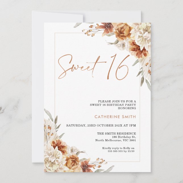 Burnt Orange Floral Boho Sweet 16 Birthday Invitation (Front)
