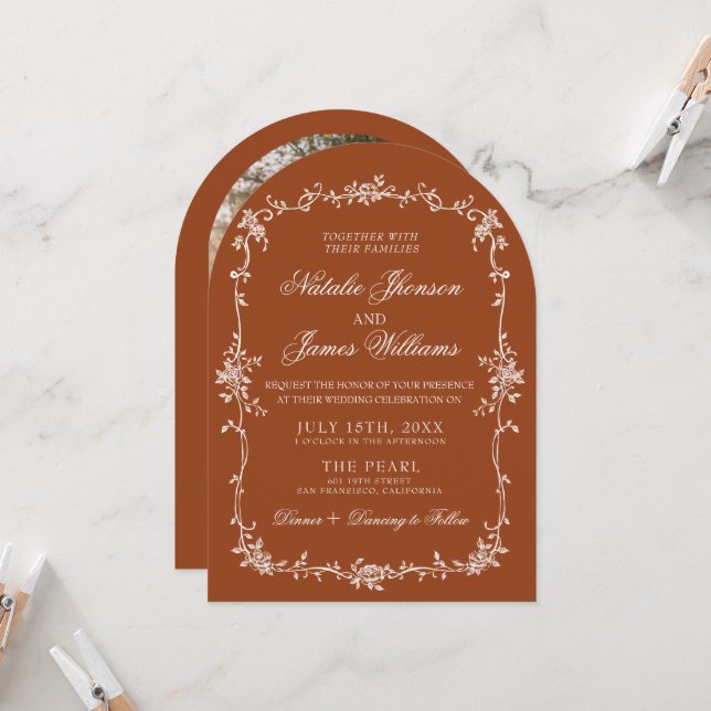 Burnt Orange Floral Boho Terracotta Arched Wedding Invitation (Front/Back In Situ)