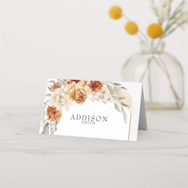 Burnt Orange Floral Boho Wedding Place Card (Front)