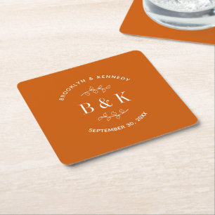 Burnt Orange Floral Botanical Wedding Couple Name Square Paper Coaster