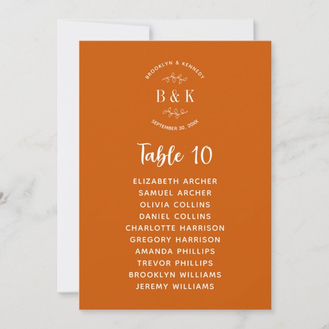 Burnt Orange Floral Botanical Wedding Seat Chart Invitation (Front)