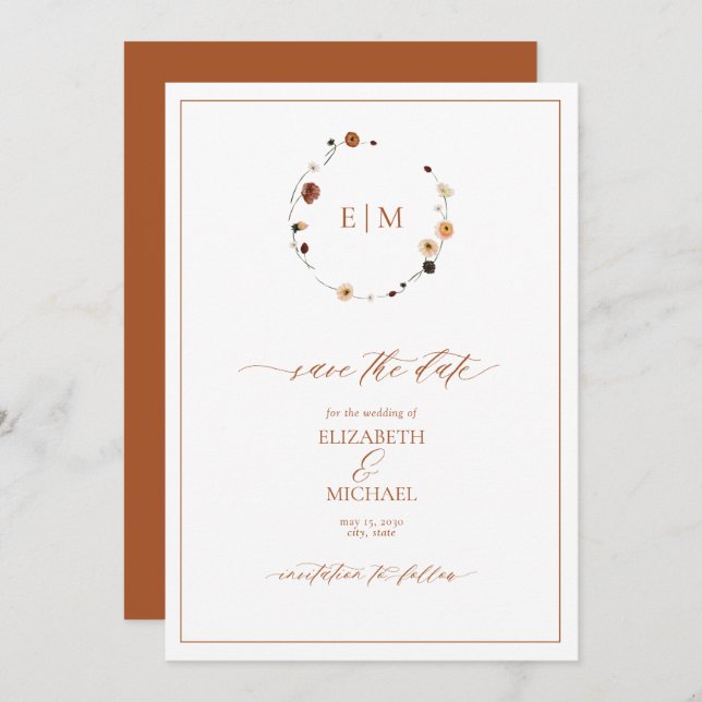 Burnt Orange Floral Crest Monogram Save the Date Invitation (Front/Back)