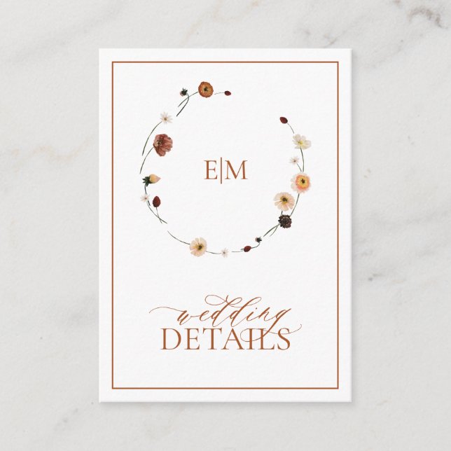 Burnt Orange Floral Crest Monogram Wedding Details Enclosure Card (Front)