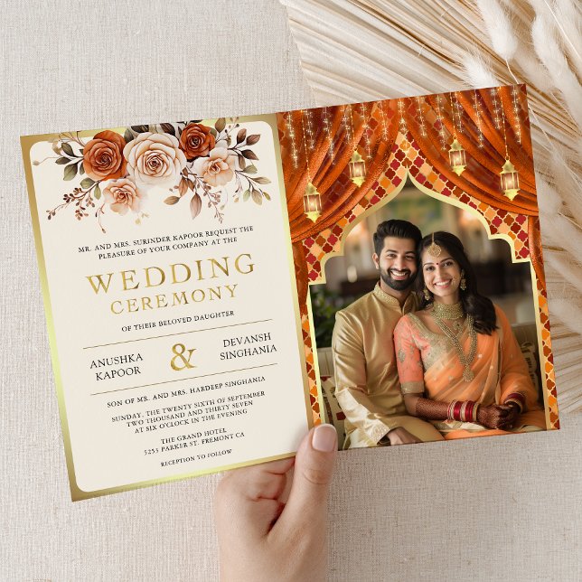 Burnt Orange Floral Curtain Indian Hindu Wedding Invitation (Creator Uploaded)