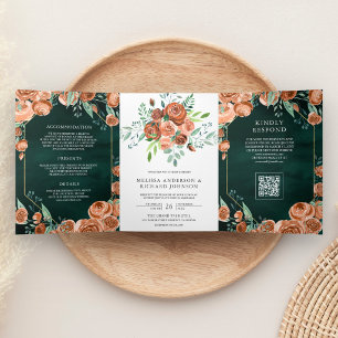 Burnt Orange Floral Emerald Green QR Code Wedding Tri-Fold Invitation