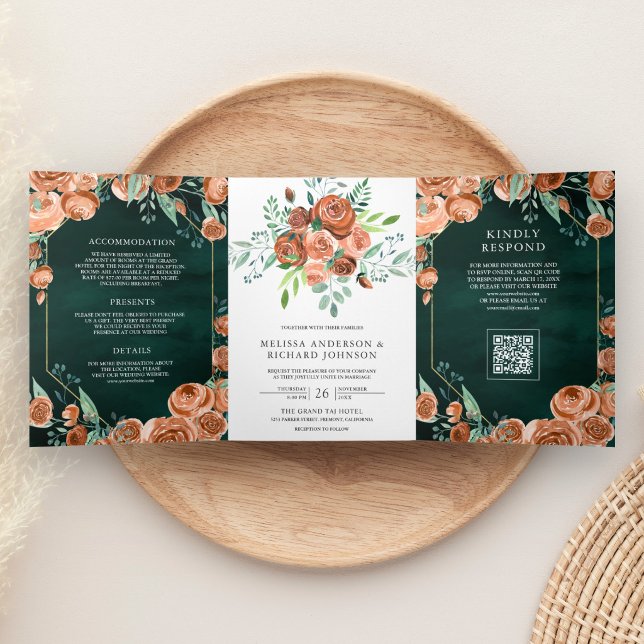 Burnt Orange Floral Emerald Green QR Code Wedding Tri-Fold Invitation (Creator Uploaded)