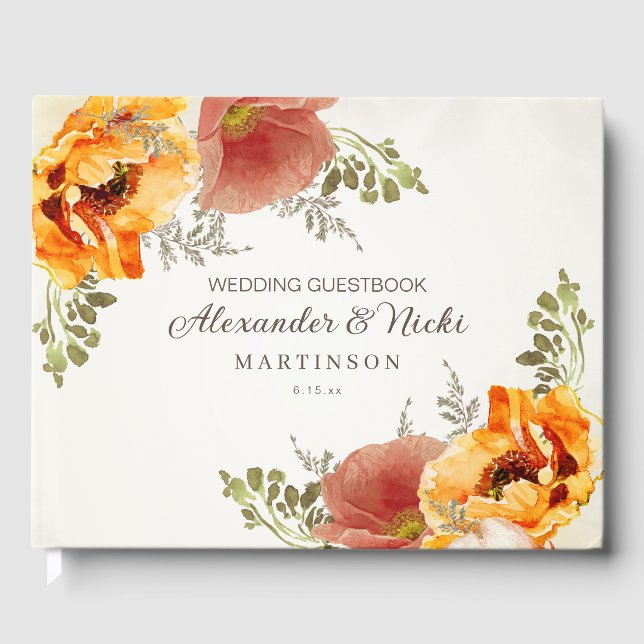 Burnt Orange Floral Fall Autumn Wedding Guest Book (Front)