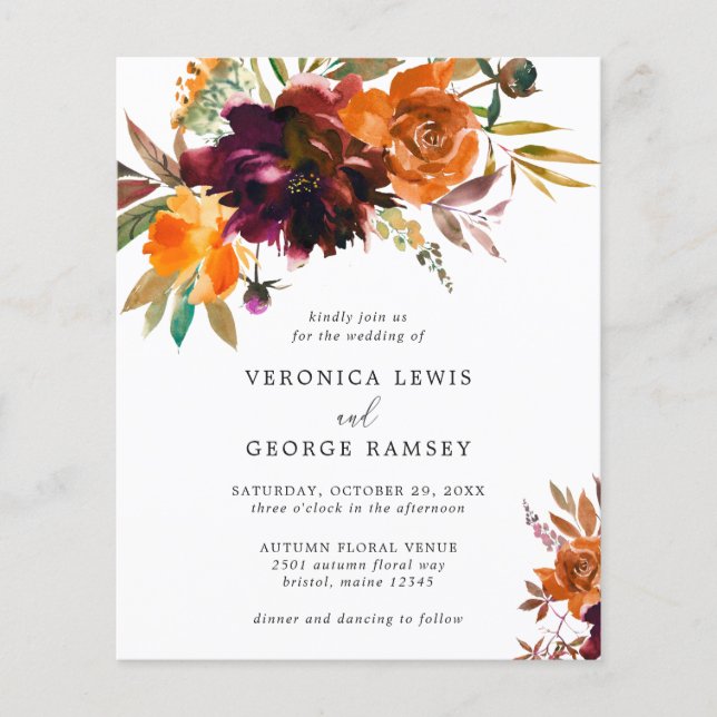 Burnt Orange Floral Fall Budget Wedding Invitation Flyer (Front)