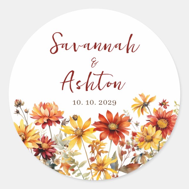 Burnt Orange Floral Fall Wedding Classic Round Sticker (Front)