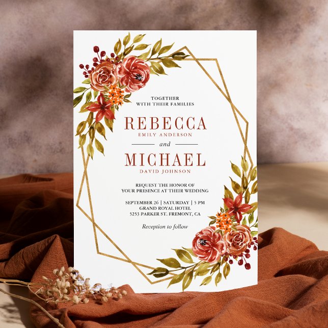 Burnt Orange Floral Gold Frame Autumn Fall Wedding Invitation (Creator Uploaded)